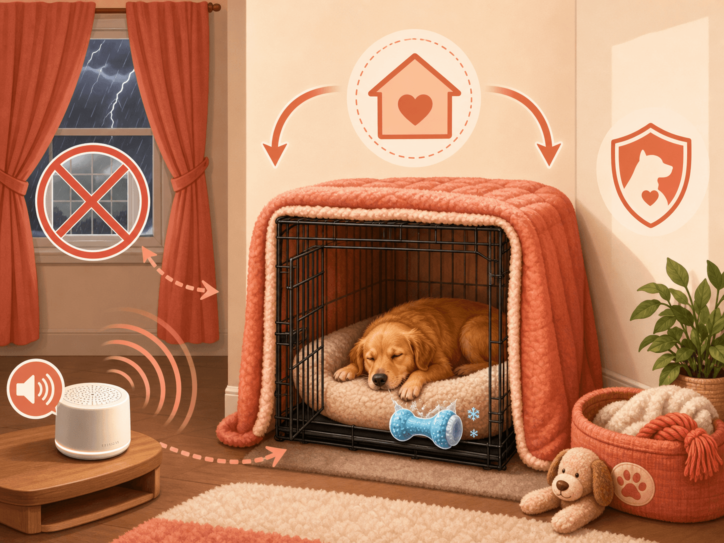 A diagram illustrating an optimal indoor safe haven setup with heavy curtains, a white noise machine, and a covered dog crate.