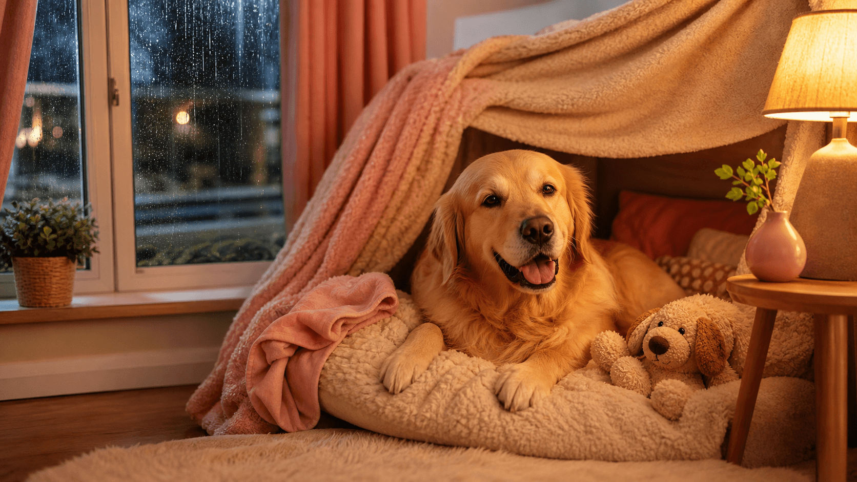 A relaxed Golden Retriever resting comfortably on soft blankets in a cozy, warm-lit indoor corner while rain falls outside.