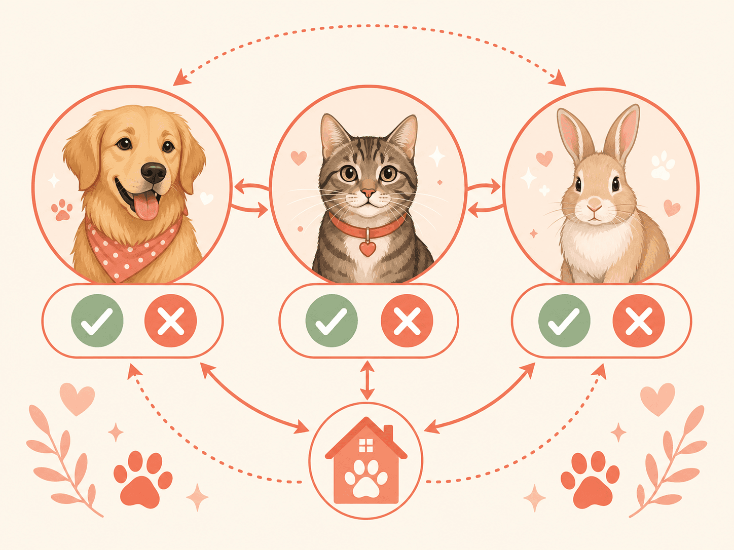 A visual safety diagram illustrating the cross-contamination risks and chemical sensitivities between dogs, cats, and rabbits in a shared home.