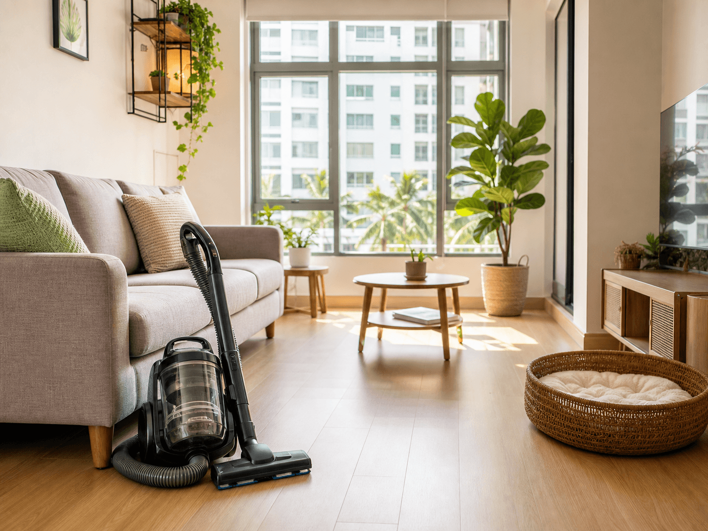 A bright, clean apartment living room with a vacuum cleaner and pet bedding, illustrating non-chemical environmental flea control.
