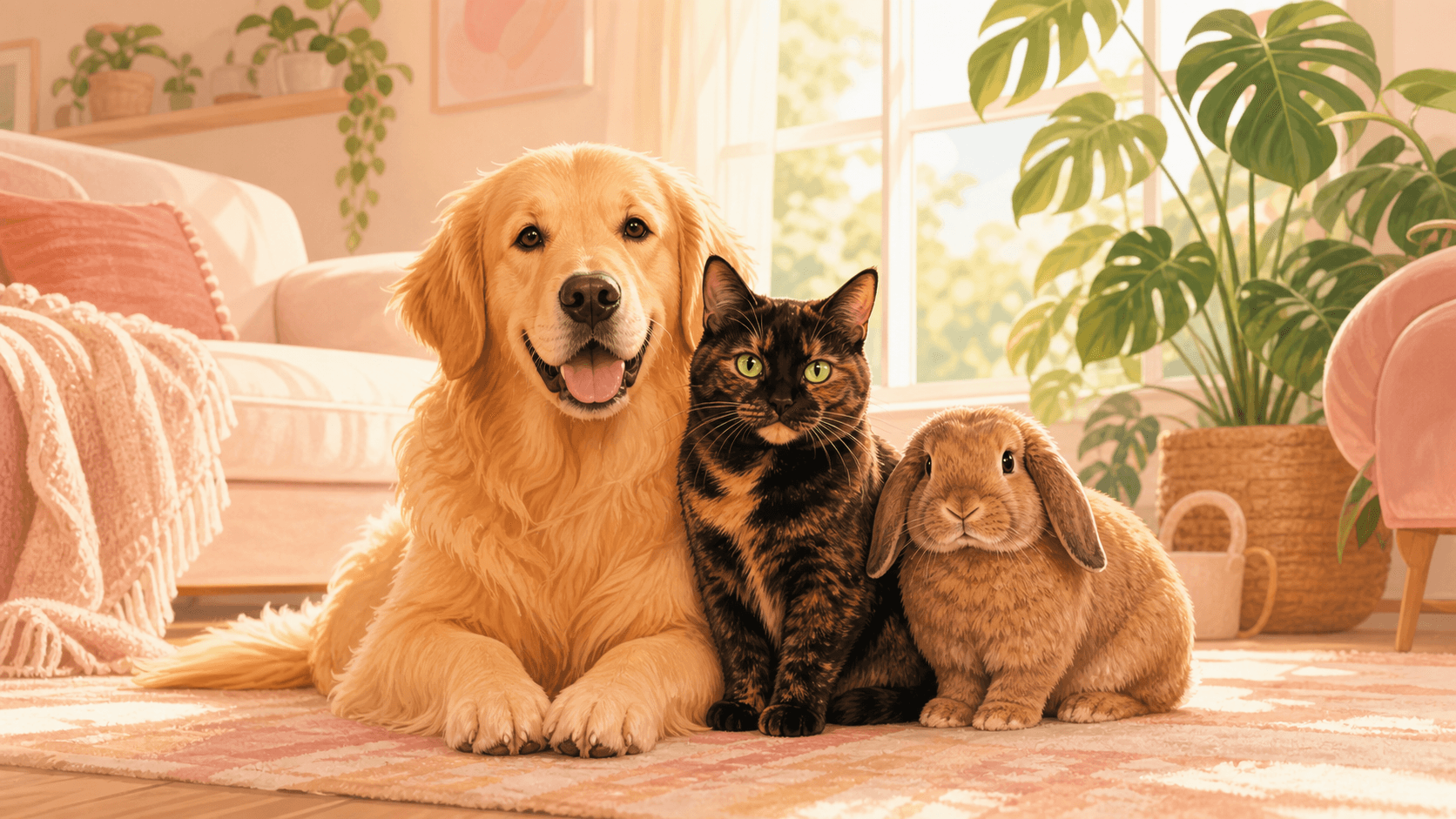 A gentle illustration of a golden retriever, a tortoiseshell cat, and a small brown rabbit sitting peacefully together in a cozy, sunlit room.