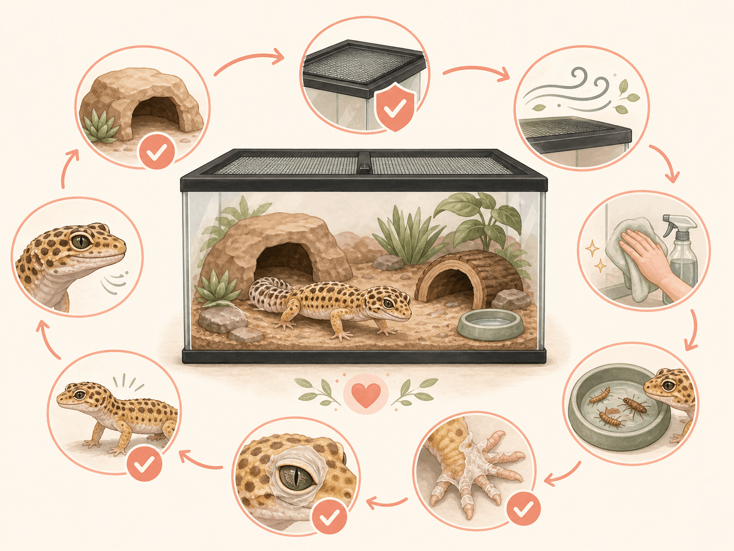 A visual gecko care audit shows enclosure safety, hides, substrate, airflow, feeding, shedding, body condition, and breathing checks.