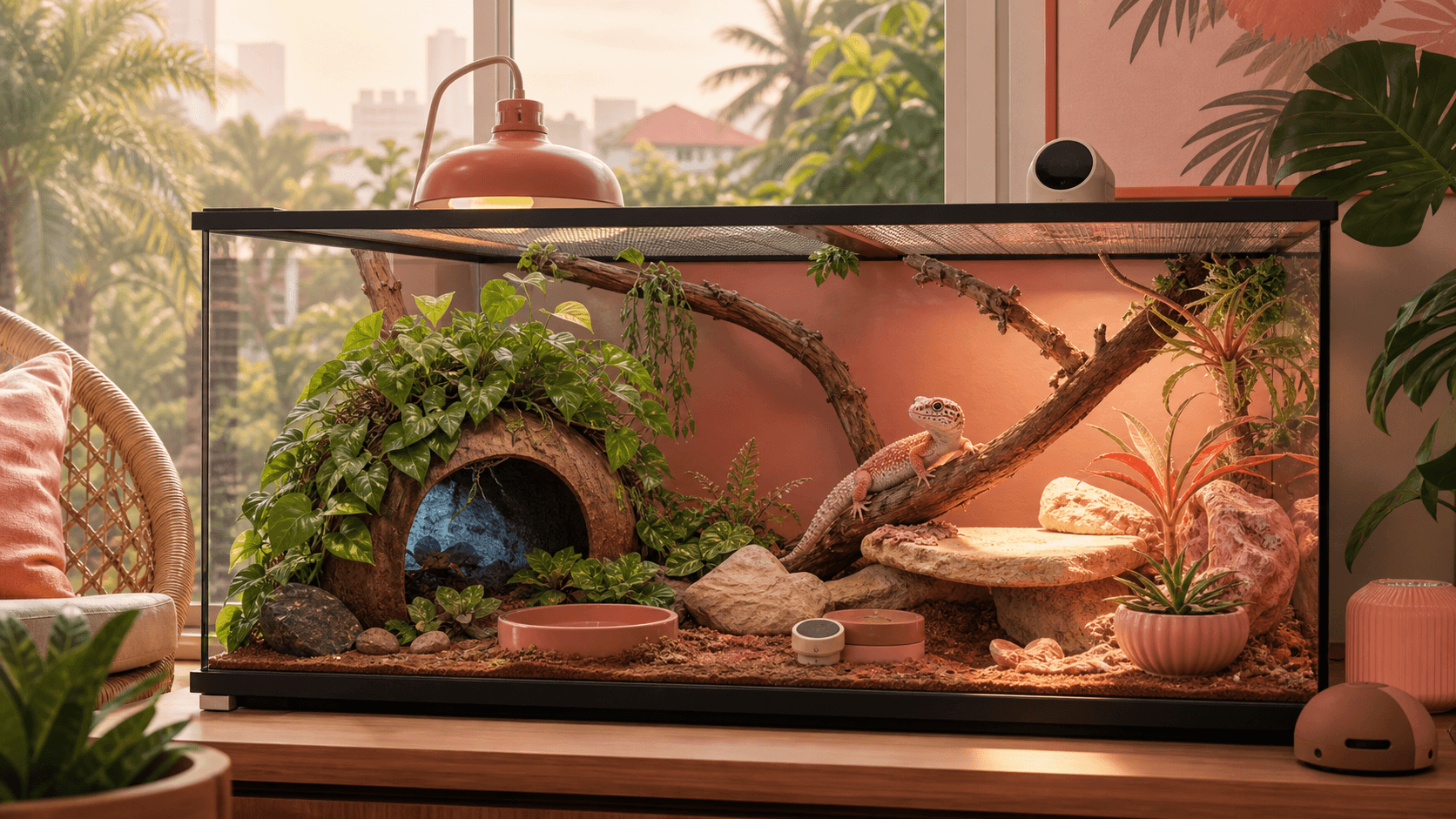 A gecko rests in a carefully arranged terrarium with hides, plants, warm and cool areas, and soft tropical home light.
