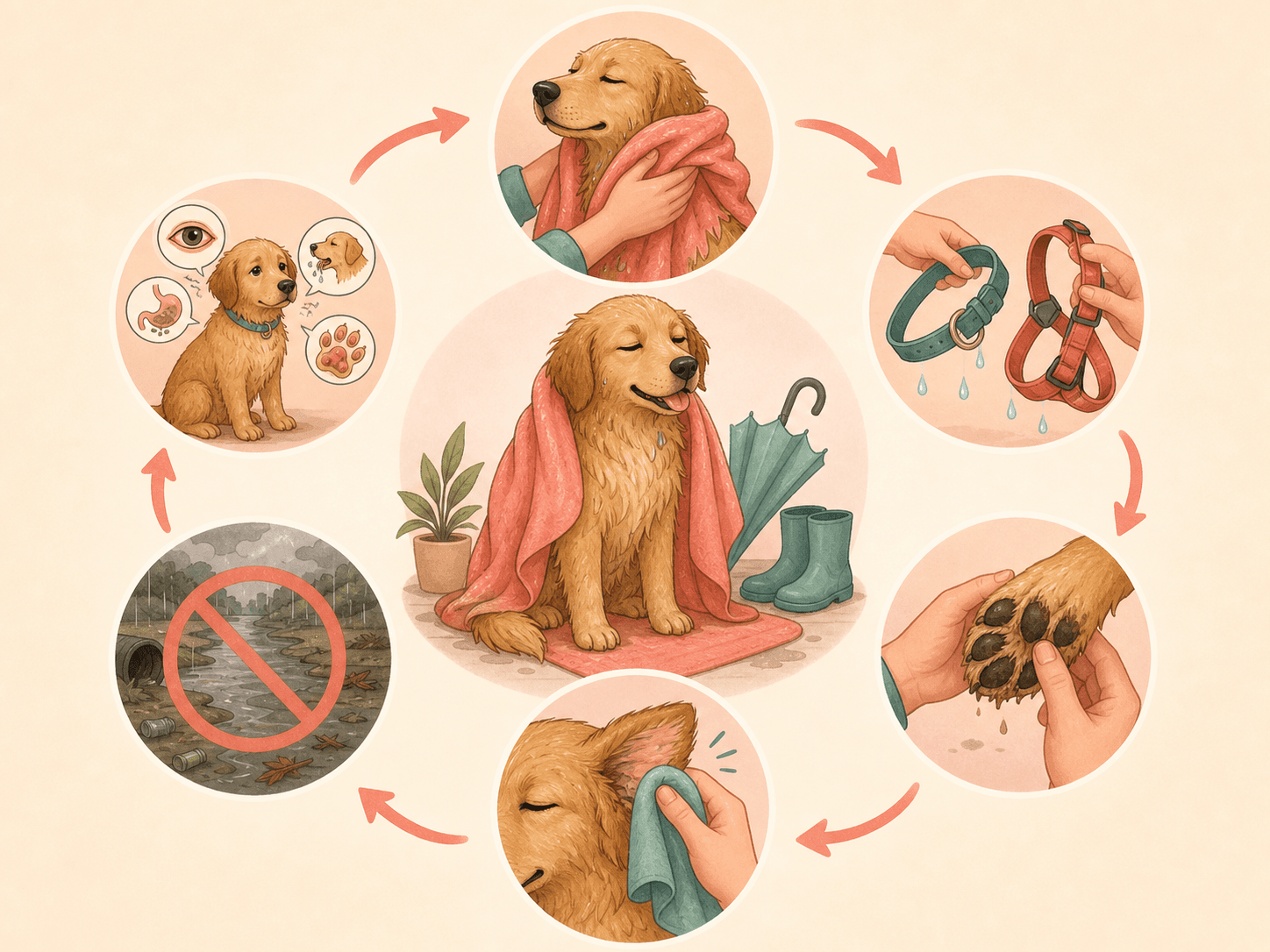 A circular visual routine shows drying a dog, removing wet gear, checking paws, drying ears, avoiding dirty water, and watching for warning signs.