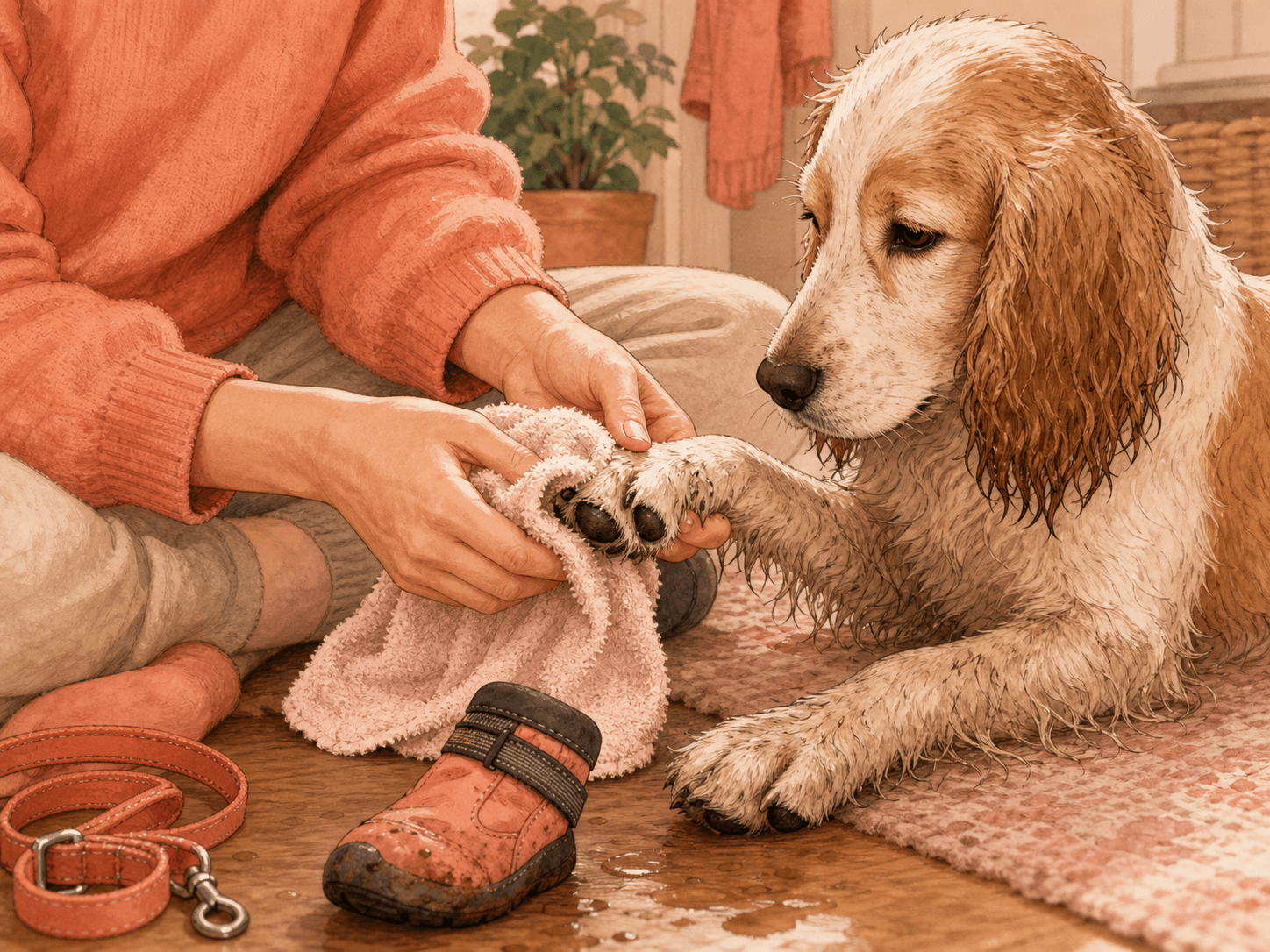 An owner gently checks between a dog's toes with a towel after a rainy walk.