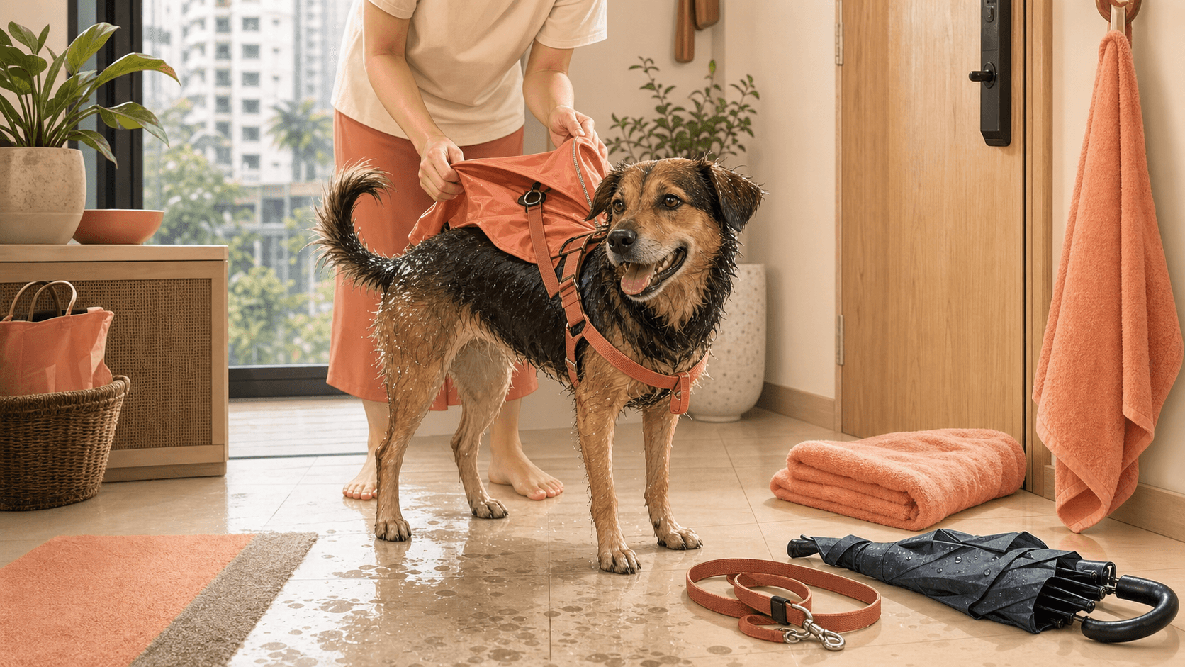 A damp dog stands by an apartment doorway after a rainy walk with a towel, umbrella, and wet walking gear nearby.