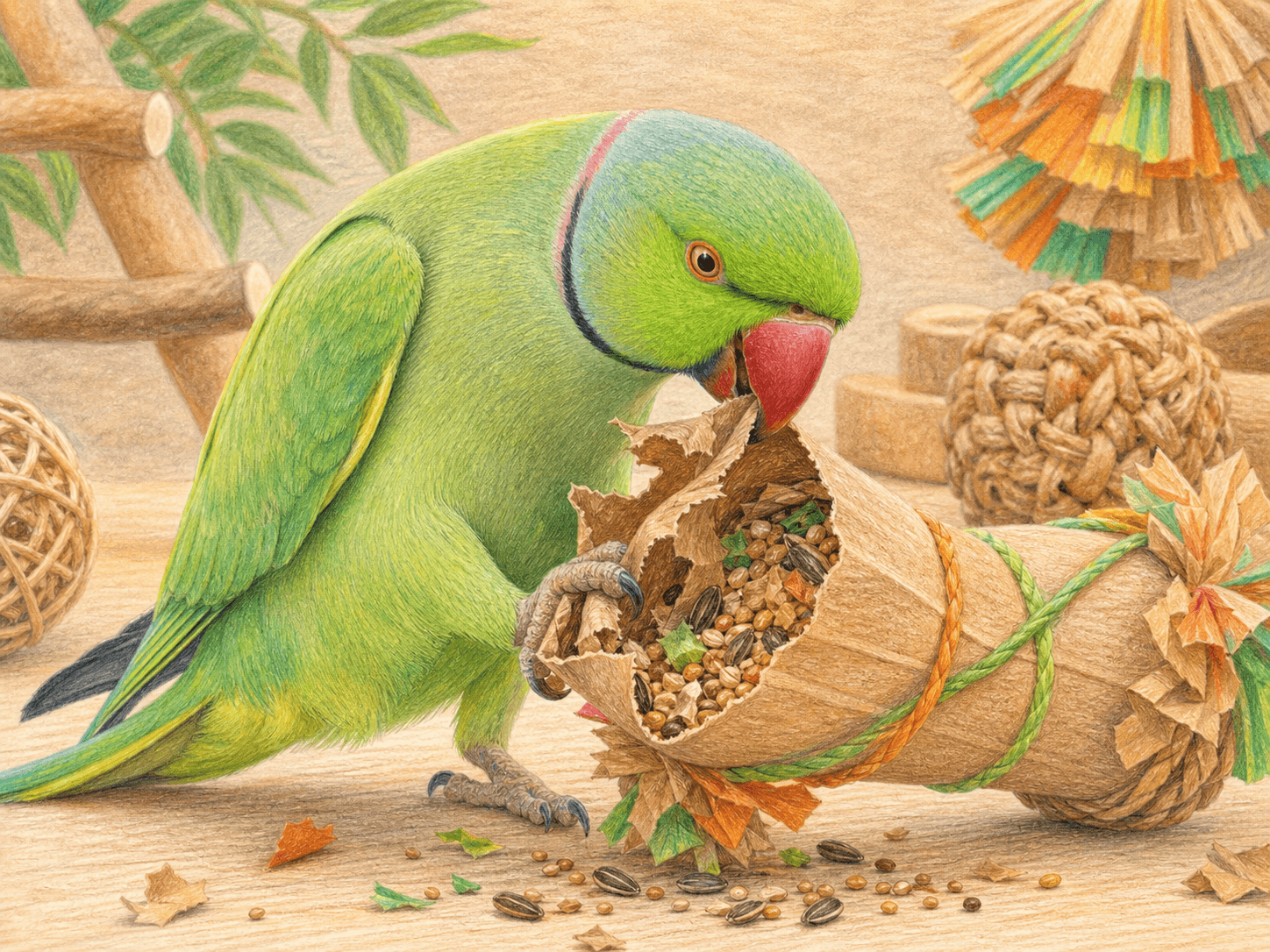 A soft drawing of a green parakeet happily tearing at a paper foraging toy.