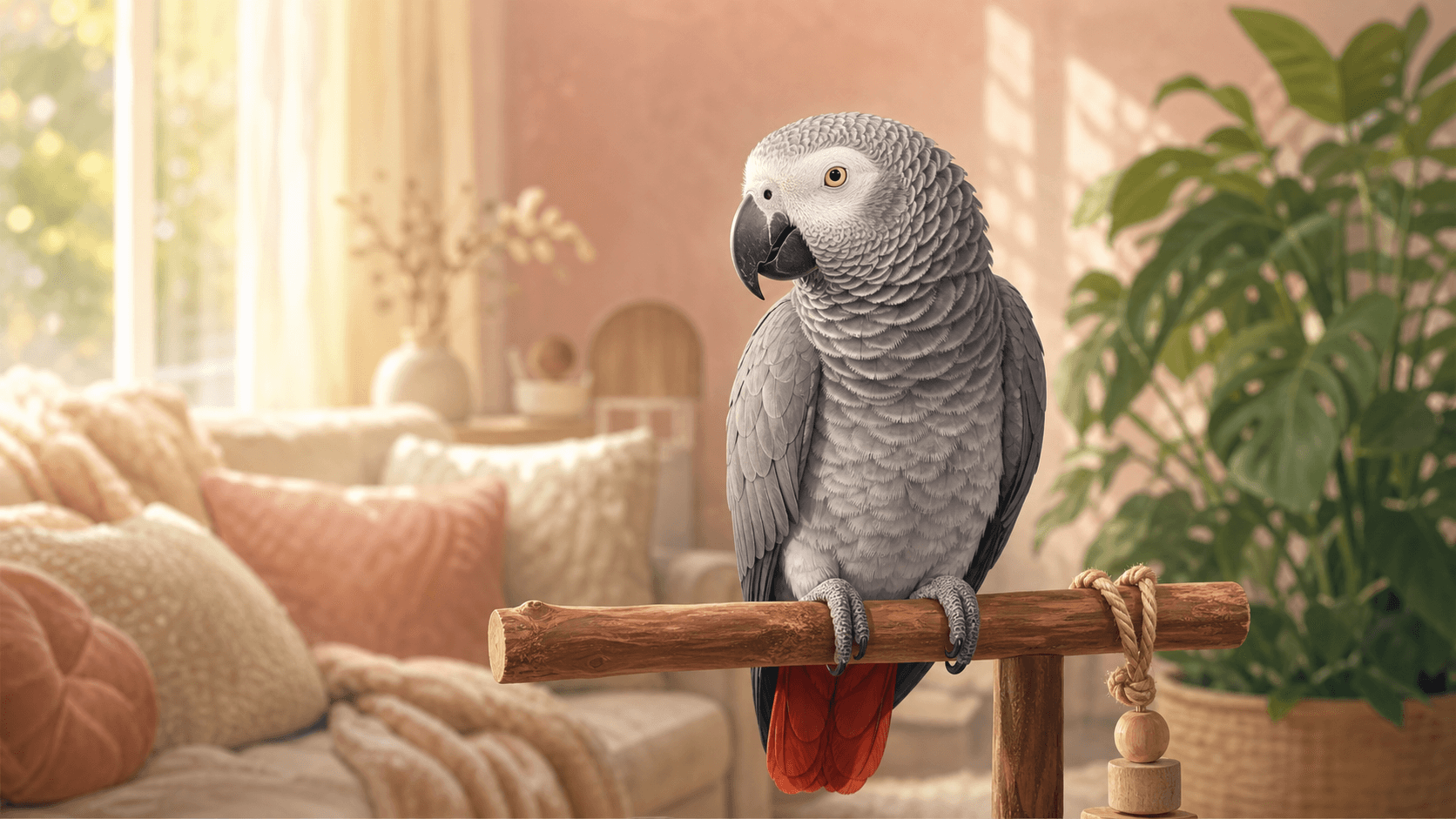 A gentle illustration of an African Grey parrot on a wooden perch in a warm, cream-toned room.