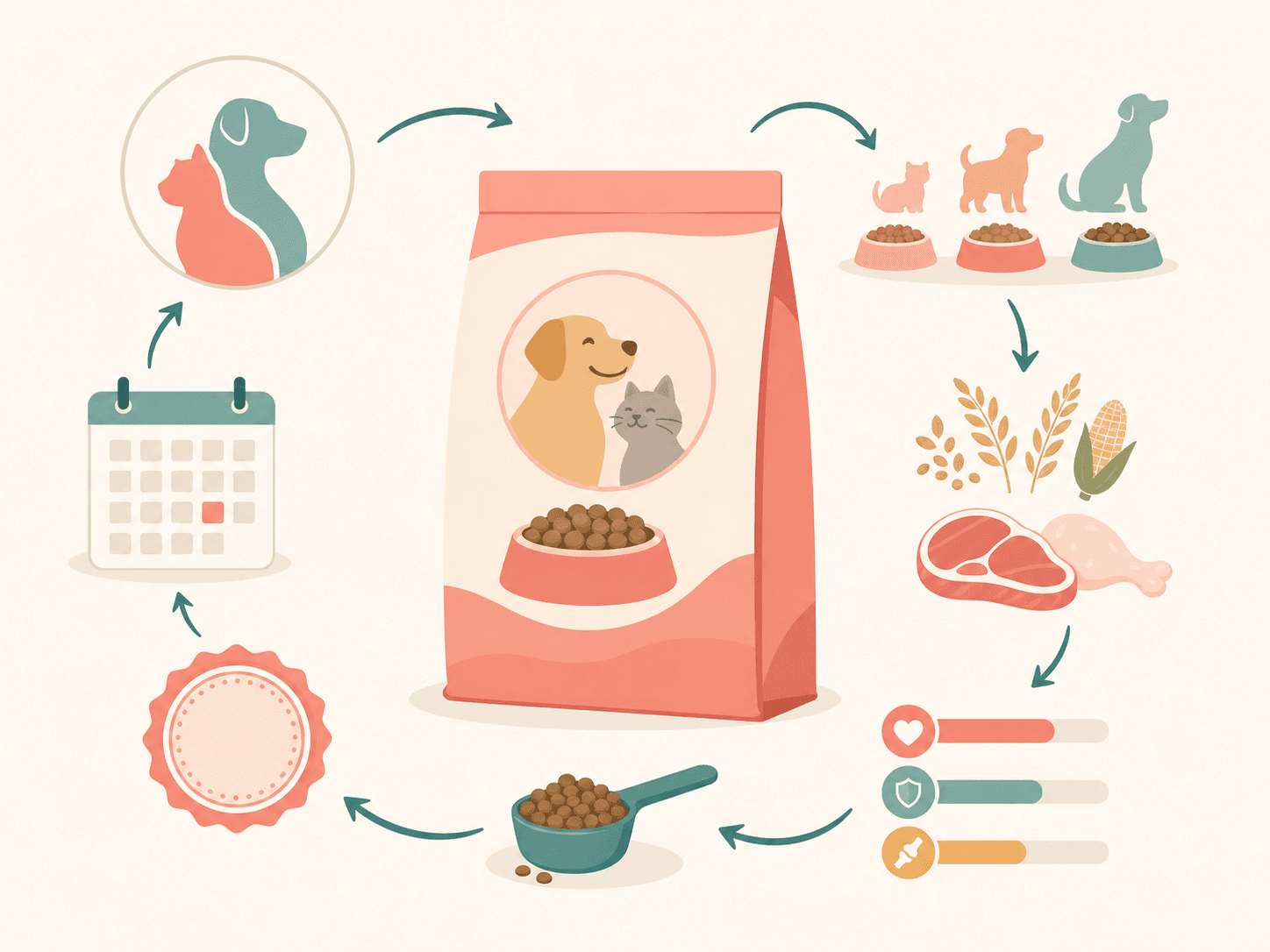 A diagram shows the key parts of a pet food label that owners should check before feeding.