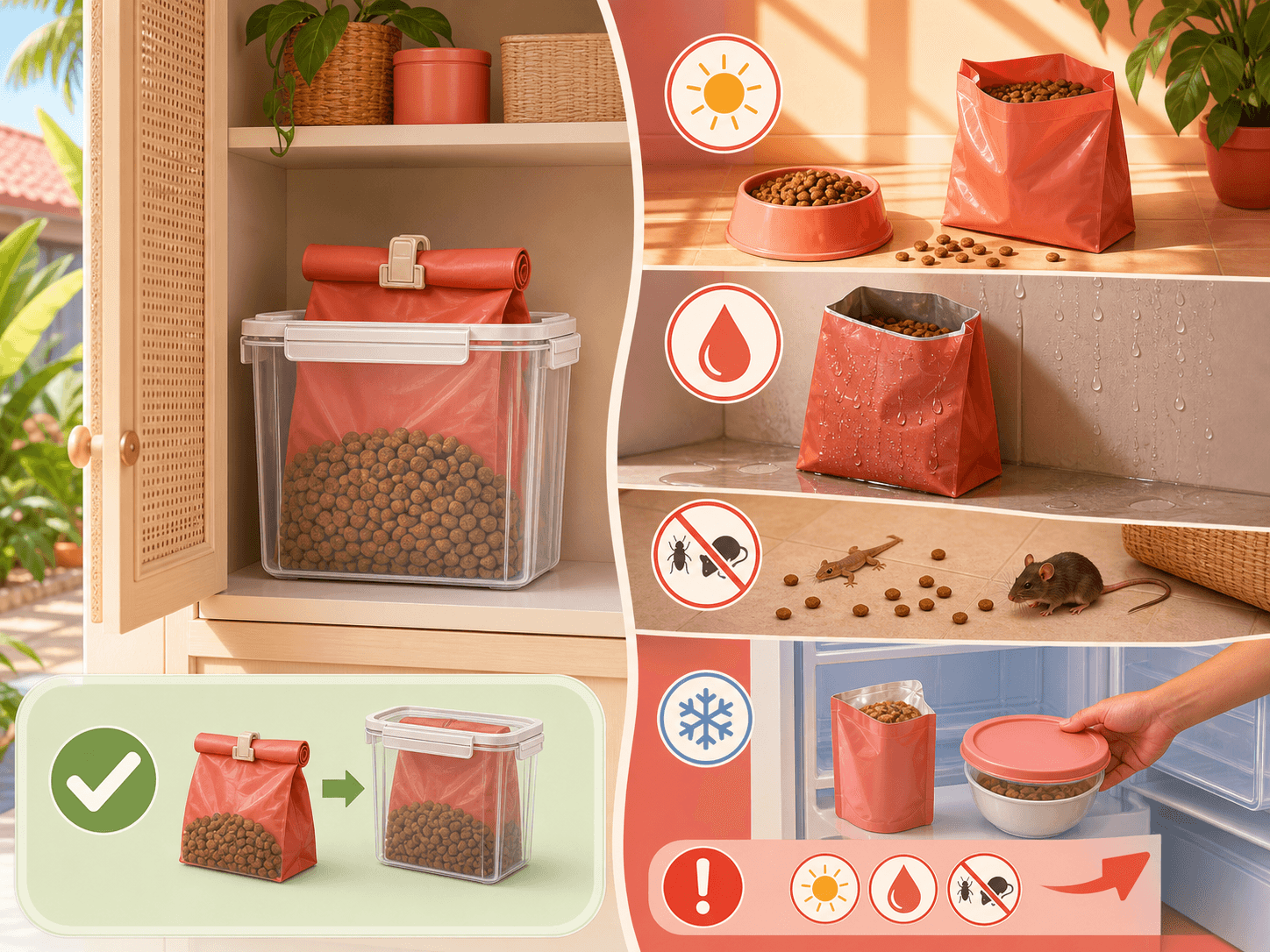 A diagram compares safer pet food storage with risky heat, humidity, and open-package conditions.