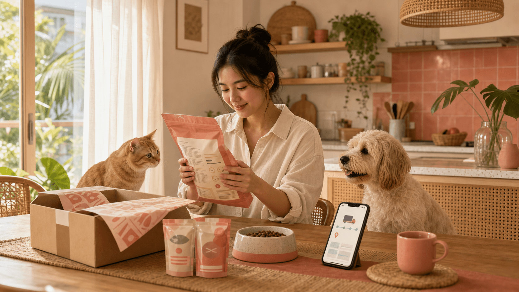 A cat and dog watch an owner inspect a newly delivered pet food order at a kitchen table.