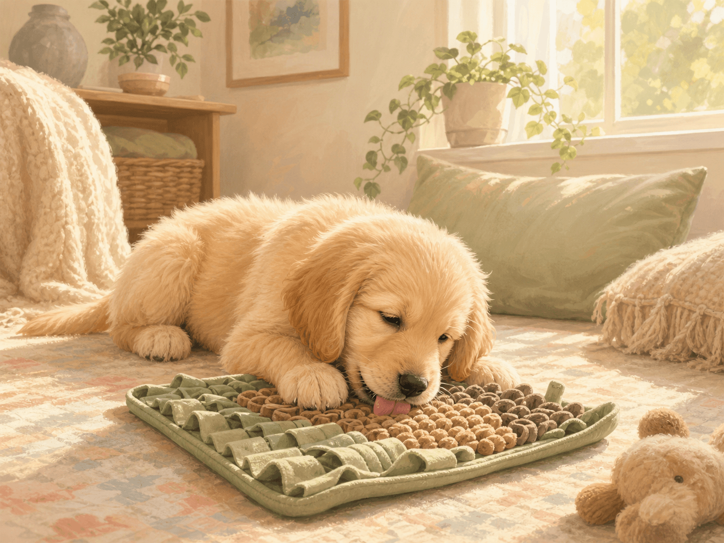 A relaxed puppy licks an enrichment mat in a quiet, cozy corner of a modern apartment.