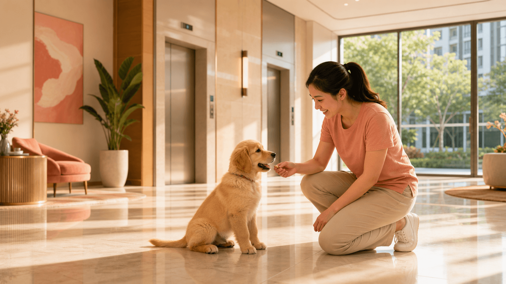 A golden retriever puppy sits calmly with its owner in a bright, modern condominium lobby receiving a treat.