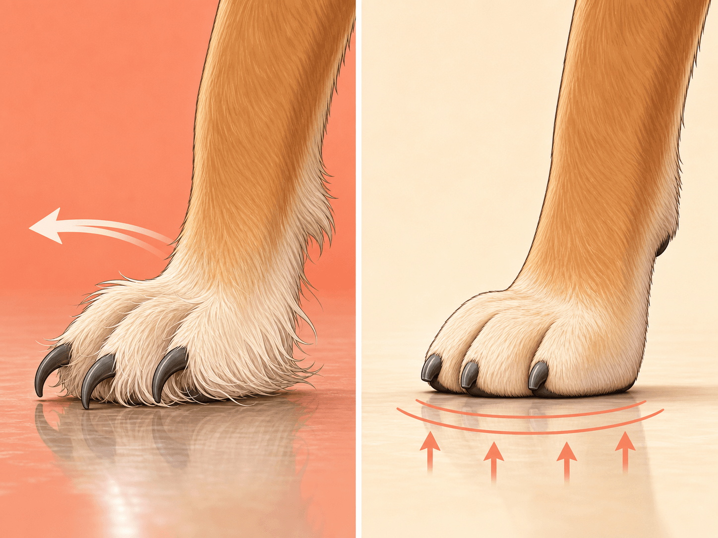 A diagram comparing an overgrown dog paw sliding on slick tile with a neatly trimmed paw making flat, stable contact with the floor.