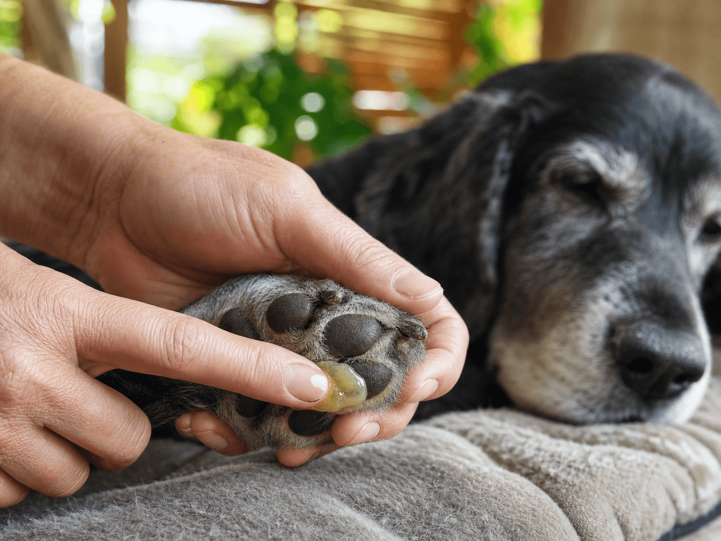 Hands gently applying moisturizing conditioning balm to a senior dog's dark paw pad.