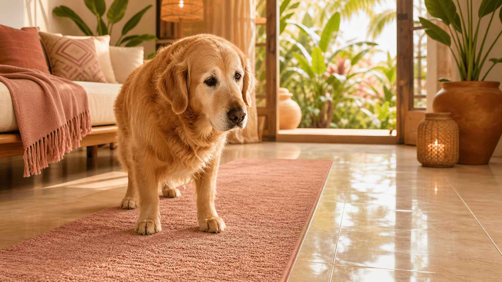 A senior Golden Retriever stands safely on a soft, textured runner rug laid over shiny living room tiles, bathed in warm indoor light.
