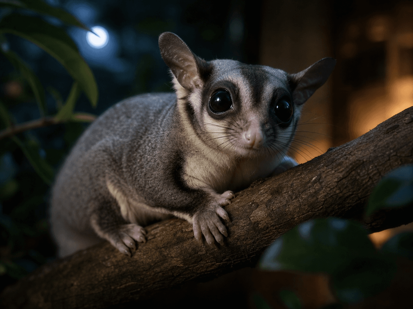 A sugar glider climbing a wooden branch at night, its large dark eyes reflecting soft light.