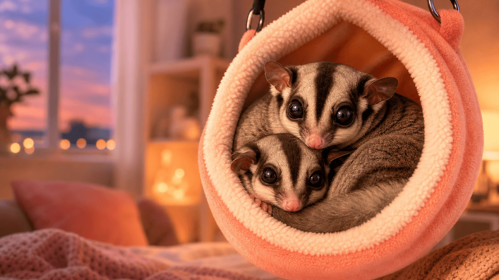 Two cute sugar gliders snuggle together inside a cozy hanging fleece pouch in a softly lit room.