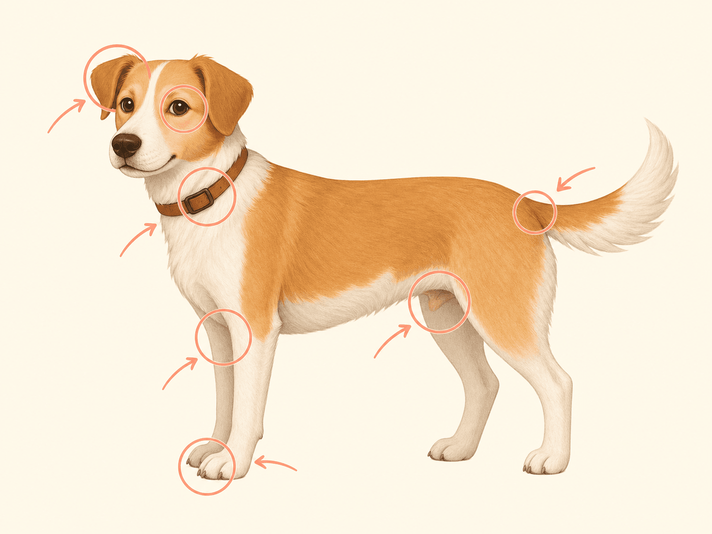 A dog diagram highlights common tick hiding places around the ears, collar, legs, toes, and tail.