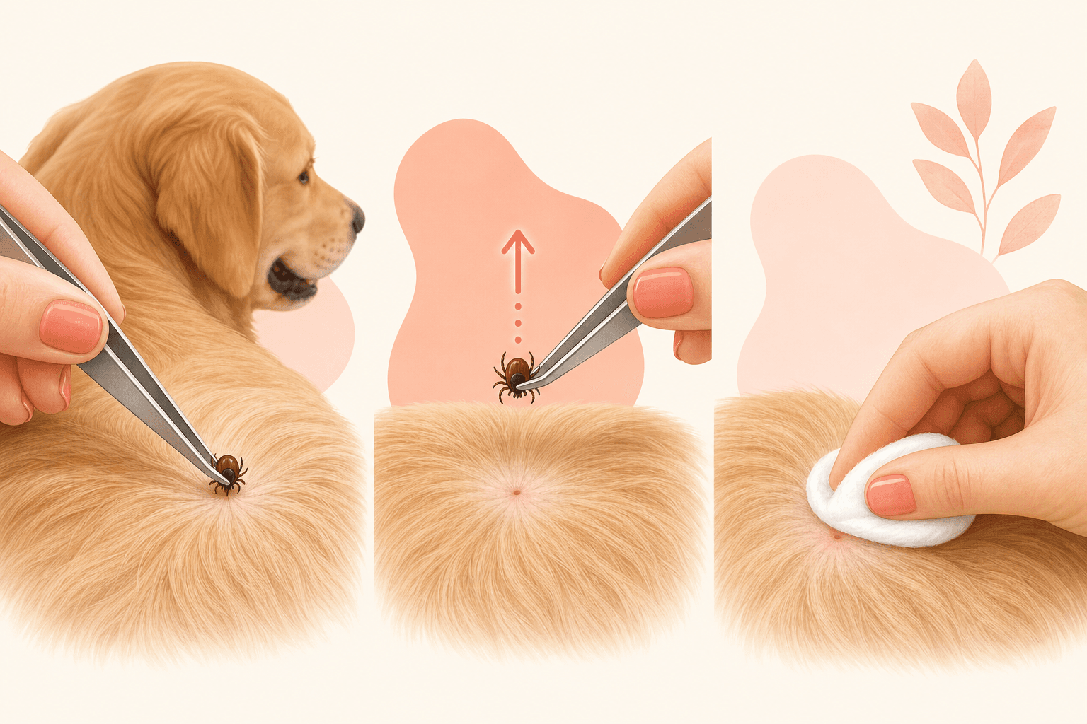 A three-step diagram shows tweezers removing a tick close to the skin and cleaning the bite area afterward.