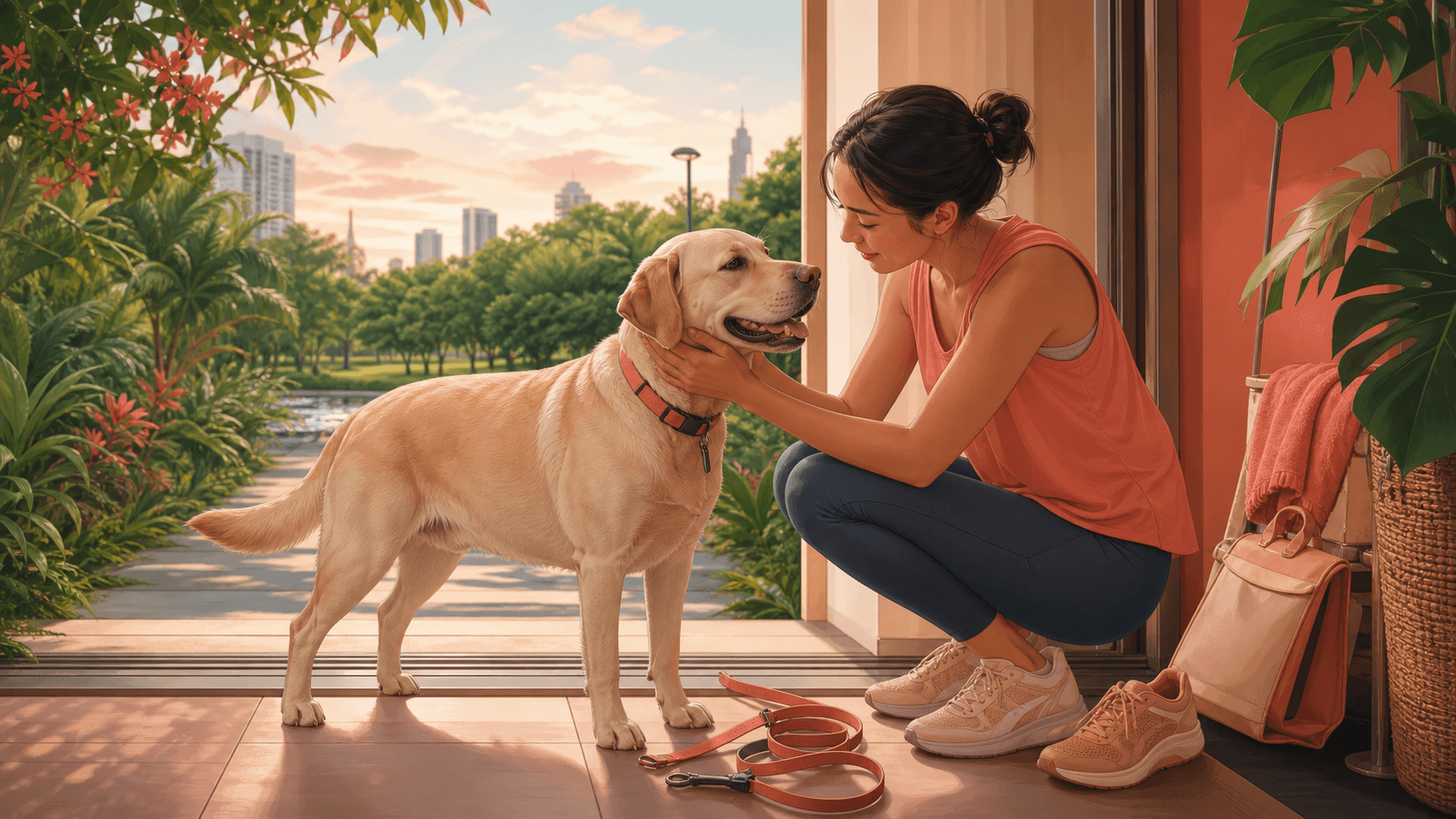 A dog owner gently checks a Labrador for ticks after a walk in a tropical park.