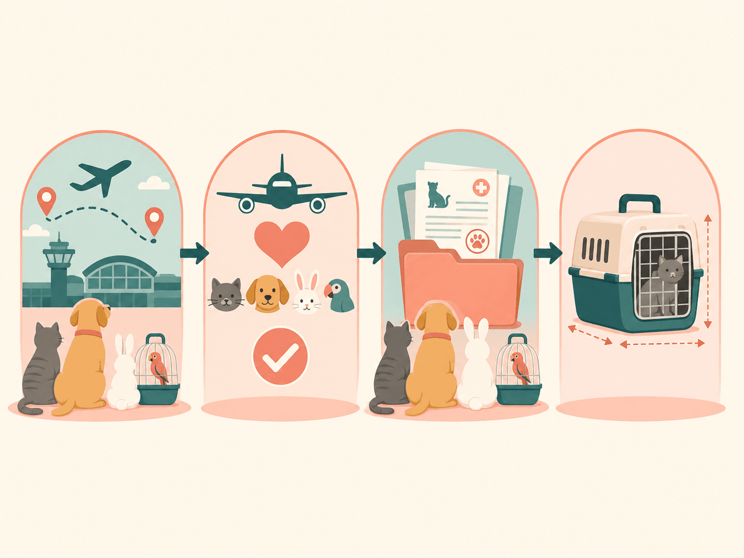 A four-step visual flow shows route, airline, paperwork, and carrier checks for pet travel planning.
