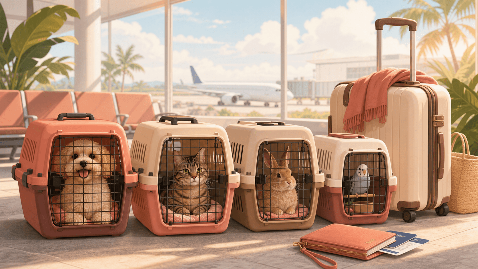 A calm pet owner prepares multiple small pets in travel carriers at an Indonesian airport.