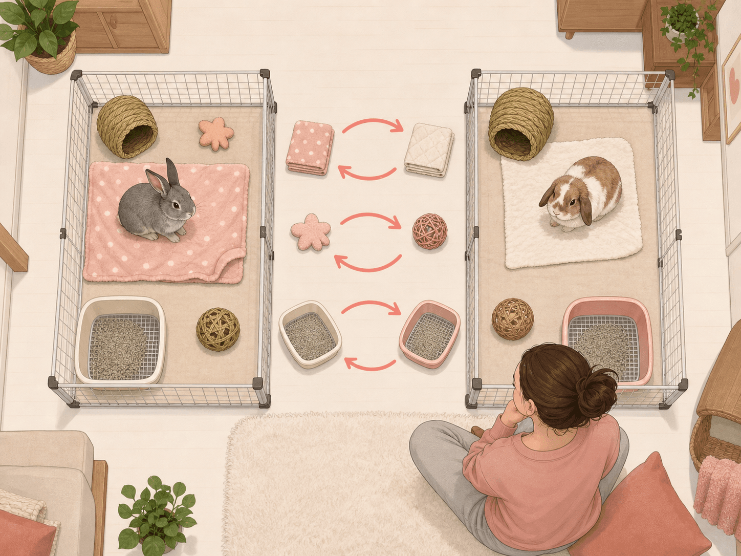 Two rabbit enclosures sit side by side with swapped blankets and toys to build scent familiarity.