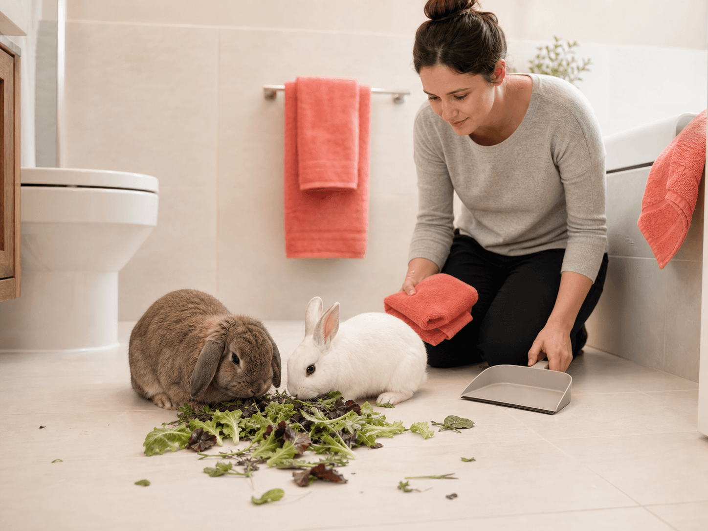 Two rabbits eat leafy greens together in a clean bathroom while an owner supervises nearby.