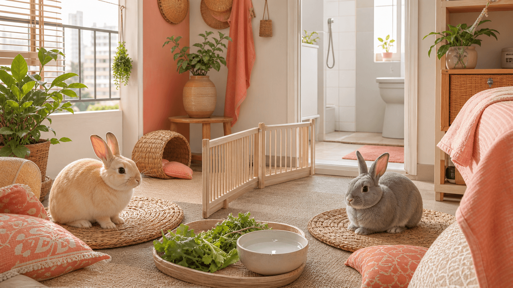 Two rabbits sit calmly near a divider in a small apartment prepared for slow bonding.