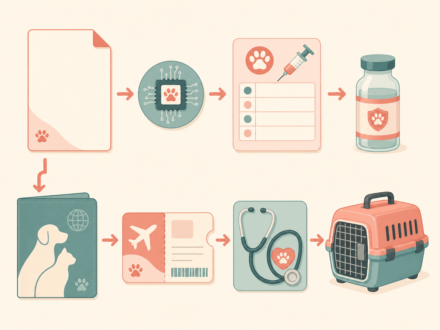 A simple workflow diagram shows the documents and health items owners should prepare before pet travel.
