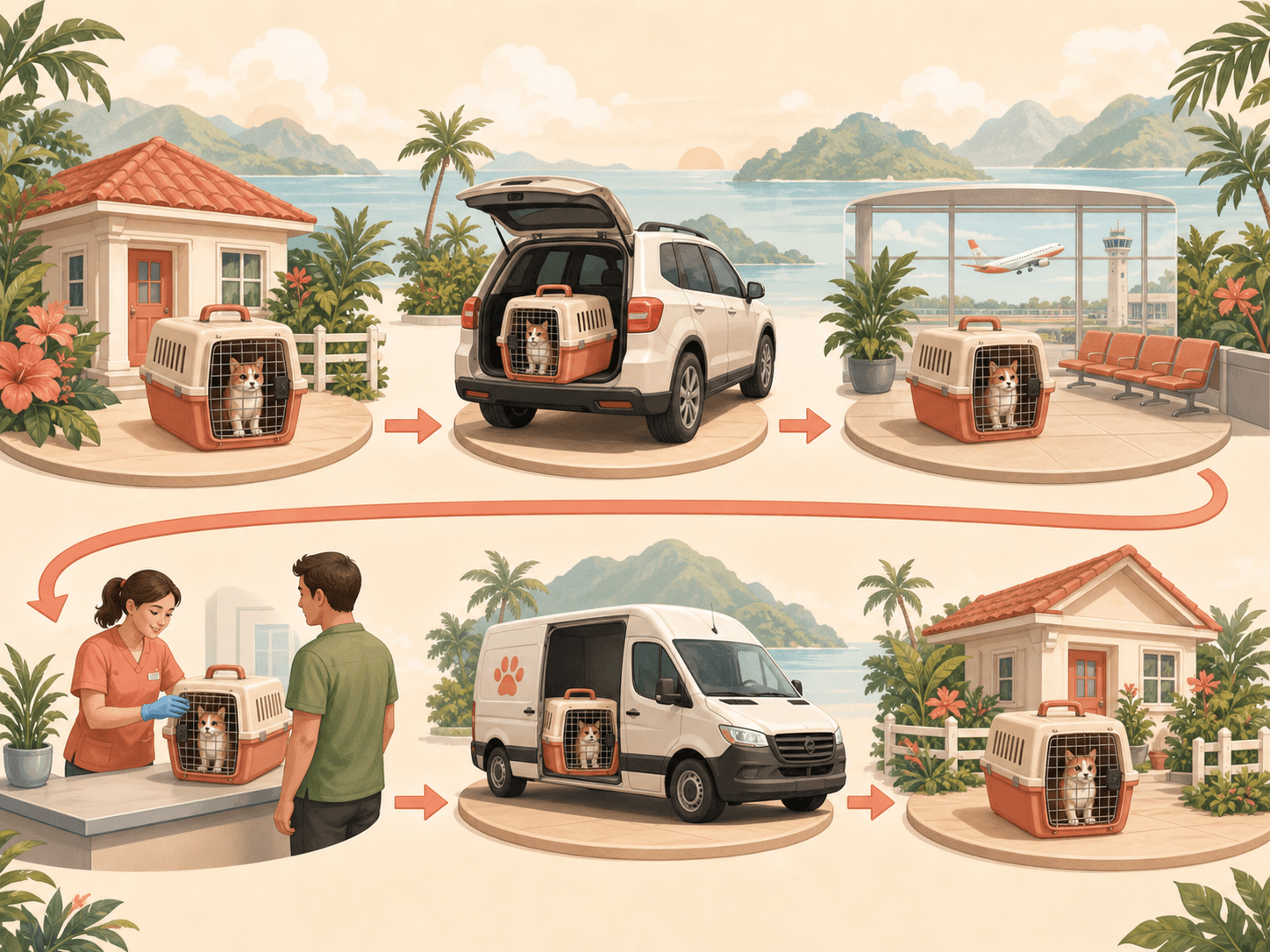 A route diagram shows a pet crate passing through several travel and inspection handoff points.