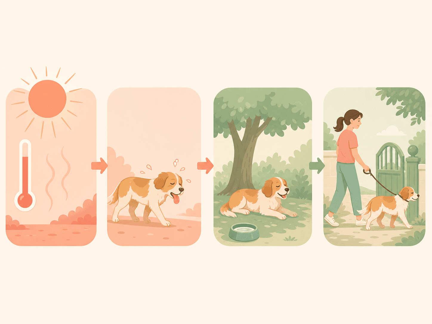 A visual flow shows a warm dog-run session moving from heat signs to shade, water, and an early exit.