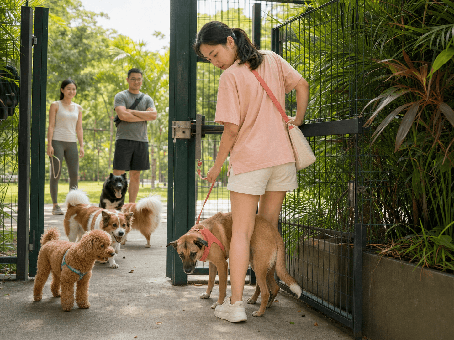 An owner guides a cautious dog away from a crowded dog-run gate as other dogs gather nearby.