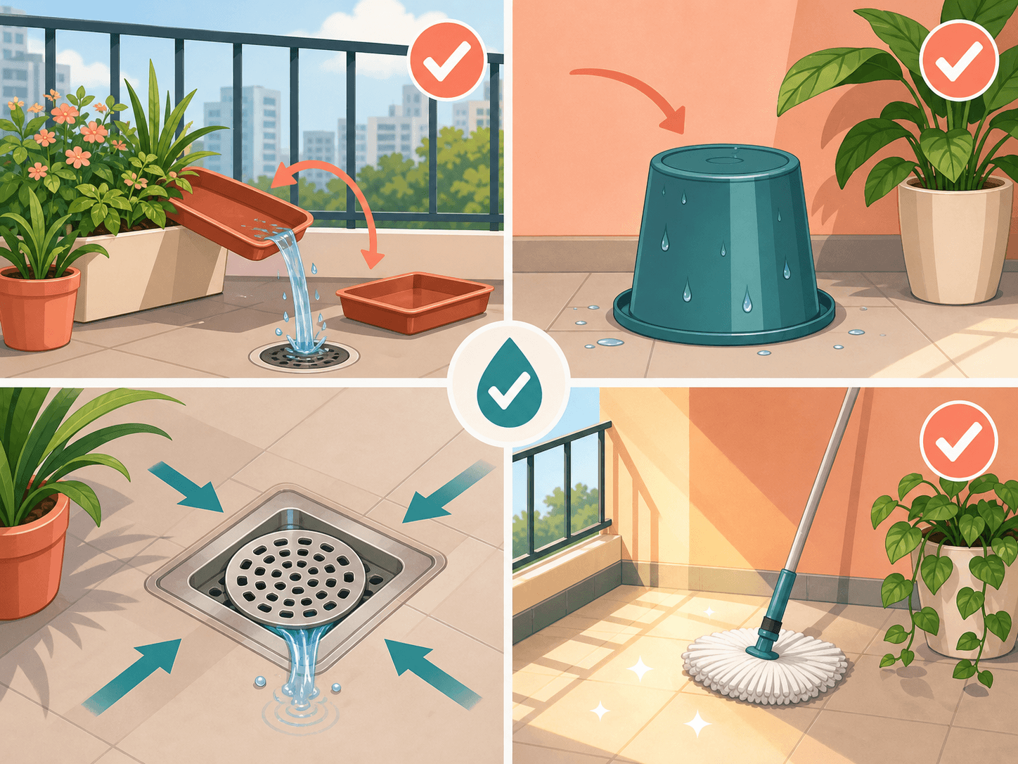 A balcony safety diagram shows stagnant water being removed and surfaces dried before any chemical pest control is used.