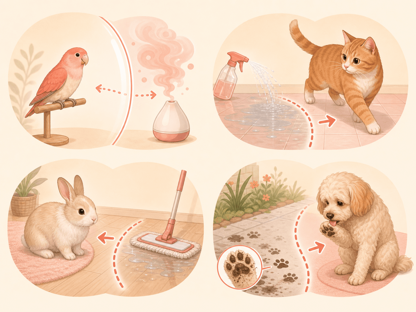 A four-part diagram shows birds, cats, rabbits, and dogs being protected from fumes, wet residue, and paw licking after chemical use.