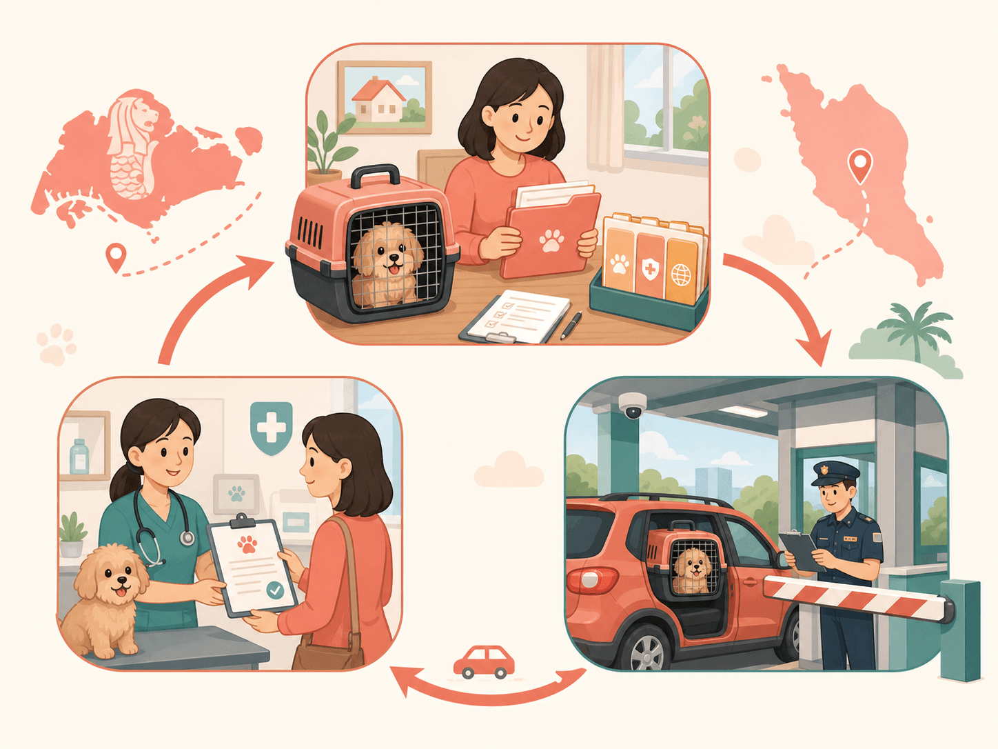 A three-step visual flow shows preparing documents, crossing the border, and arranging return paperwork for a pet trip.
