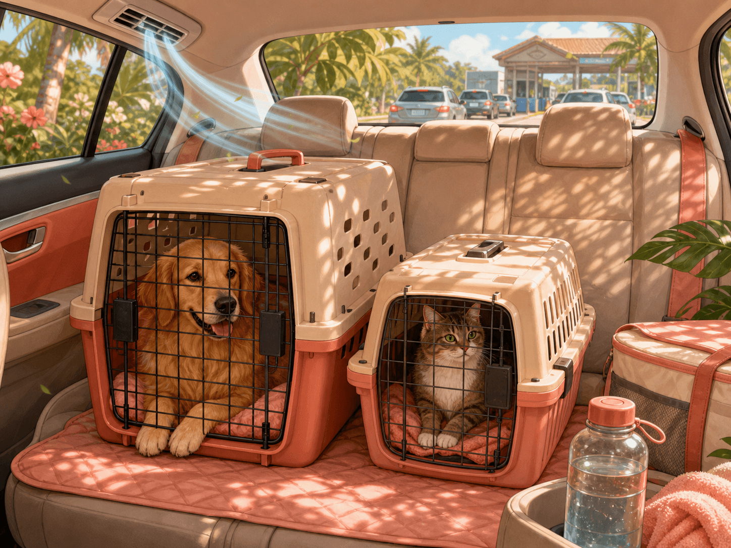 A dog and cat stay secured in ventilated carriers inside a cool car while waiting in checkpoint traffic.