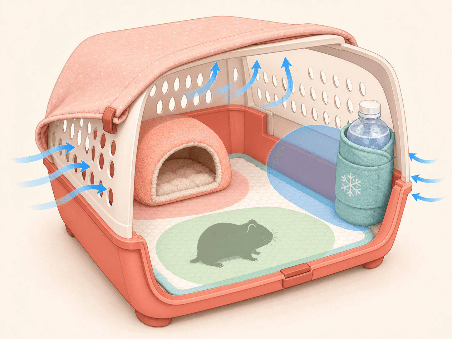 A ventilated small-pet carrier is arranged with bedding, a hide, partial shade, and a cooling bottle placed to one side.