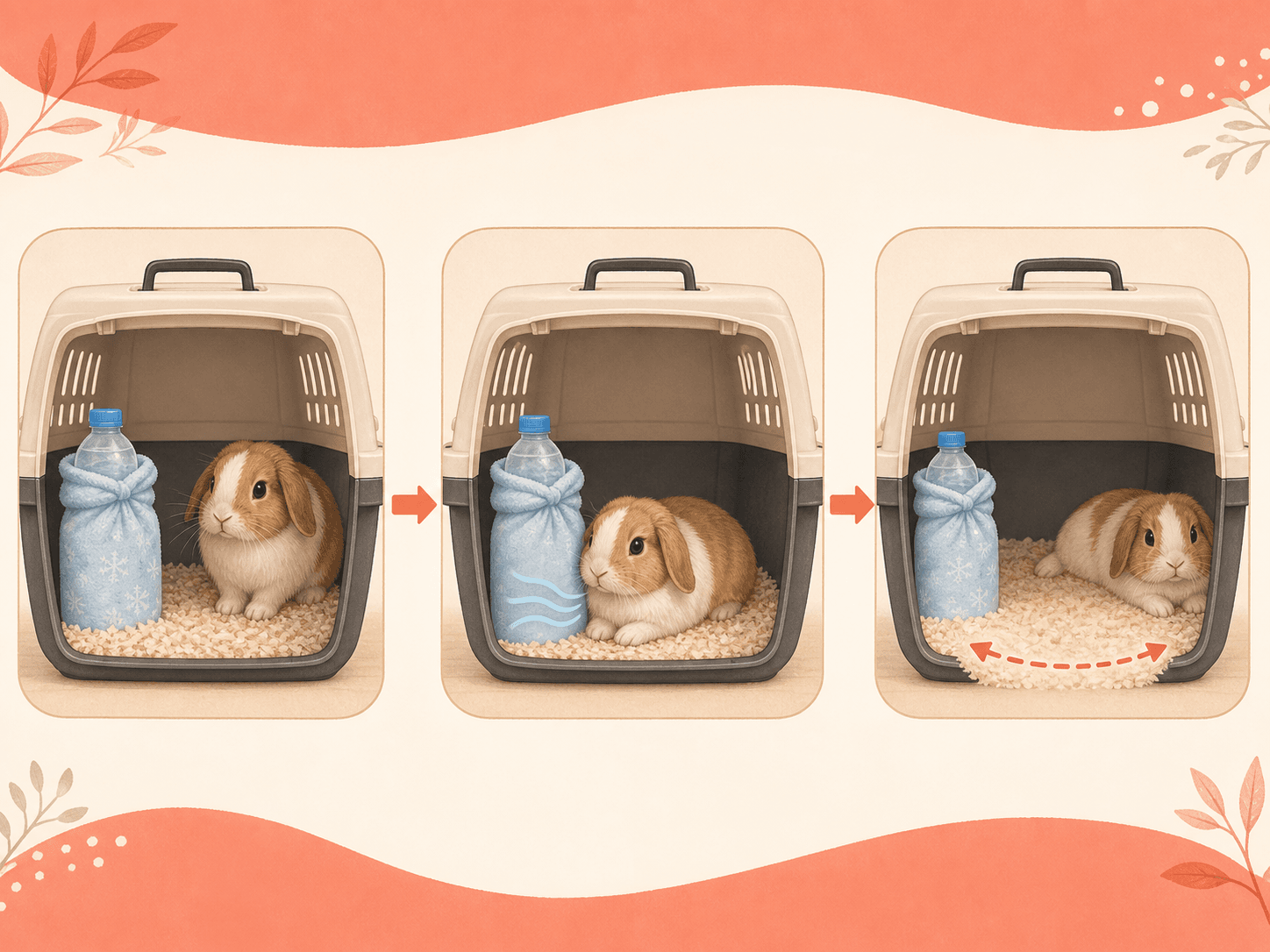 A rabbit or guinea pig can choose whether to sit near or away from a wrapped cooling bottle in the carrier.