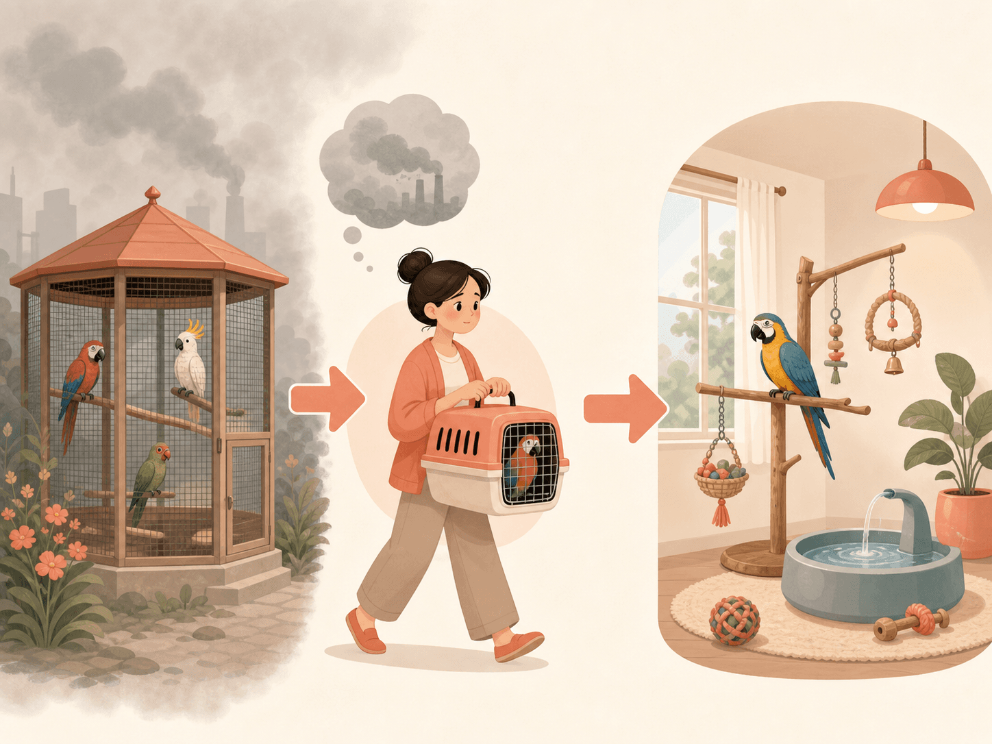 A visual flow shows birds being moved from a smoky outdoor aviary into a cleaner indoor room.