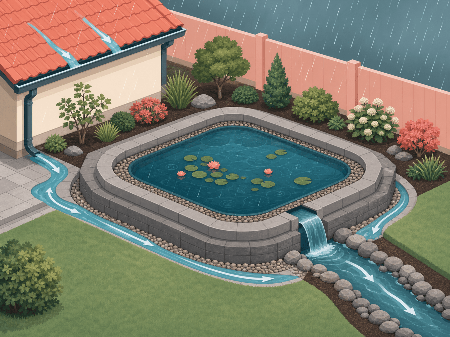 A diagram shows rainwater and garden runoff being diverted away from an outdoor fish pond.
