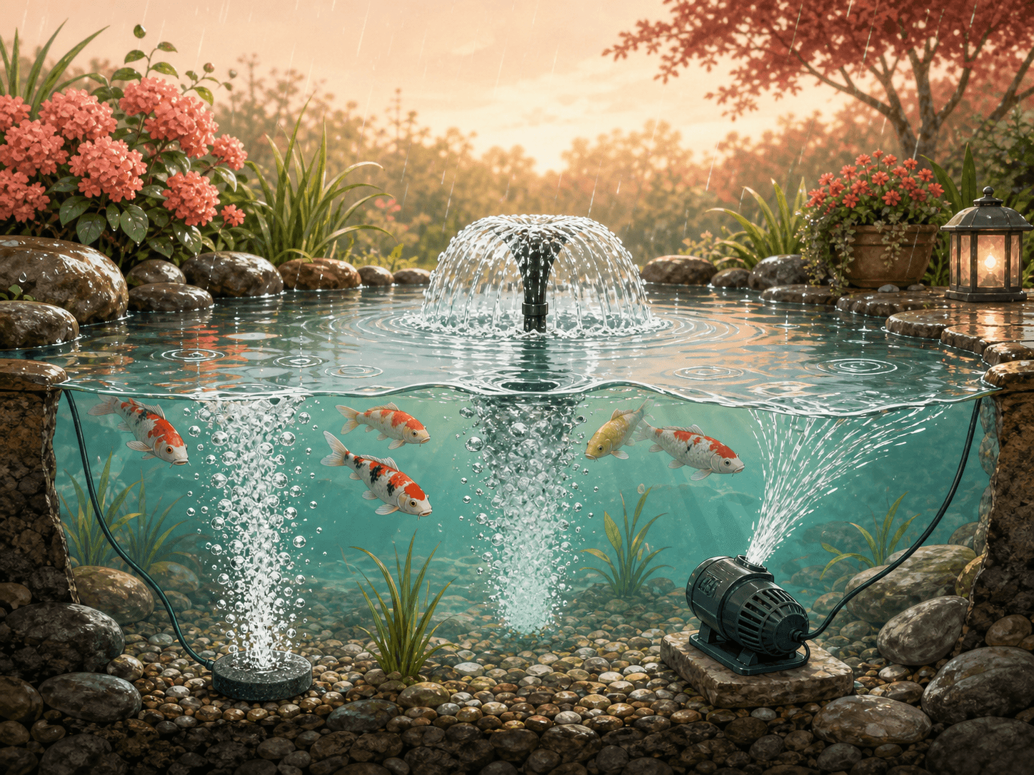 A diagram shows fish near the surface while bubbles and moving water add oxygen to a pond after rain.