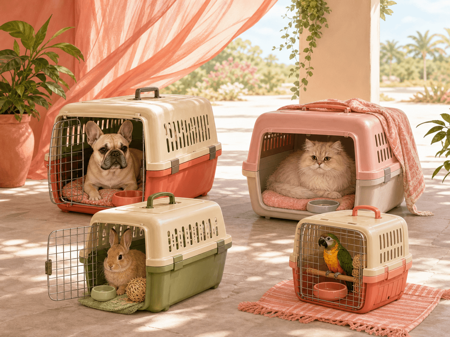 Four pets rest in separate ventilated carriers in a shaded waiting area while bright outdoor heat sits beyond the shelter.