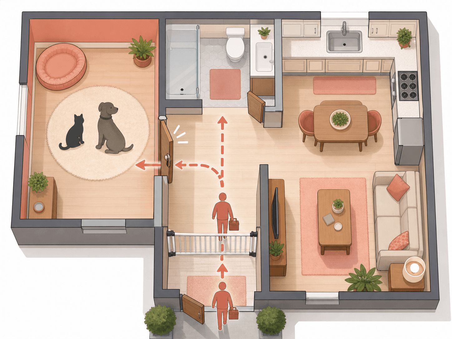 A floor plan shows a cat and dog separated from the main entrance by a closed room door and a second barrier.
