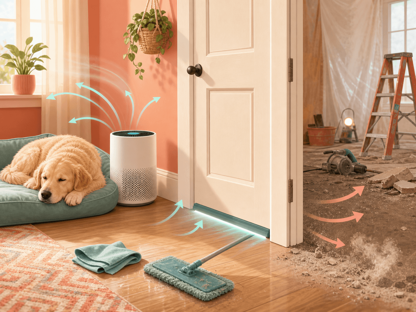 A pet room setup shows dust kept outside, a sealed door gap, wet cleaning tools, and an air cleaner near a resting pet.