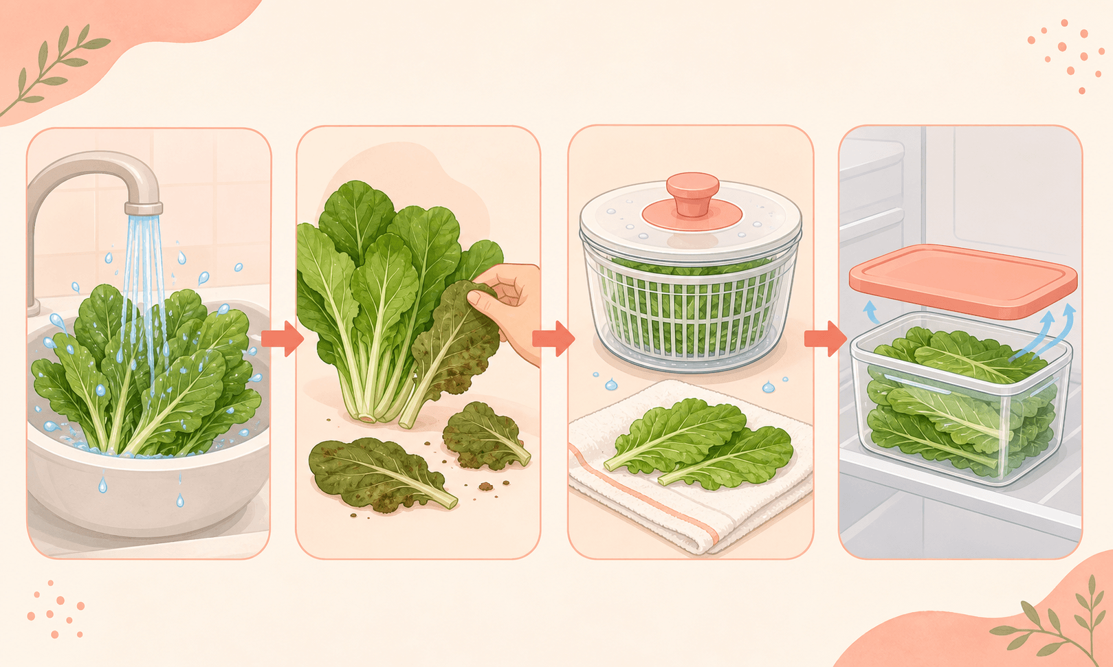 Leafy greens are shown being rinsed, dried, and stored cold to control excess moisture.