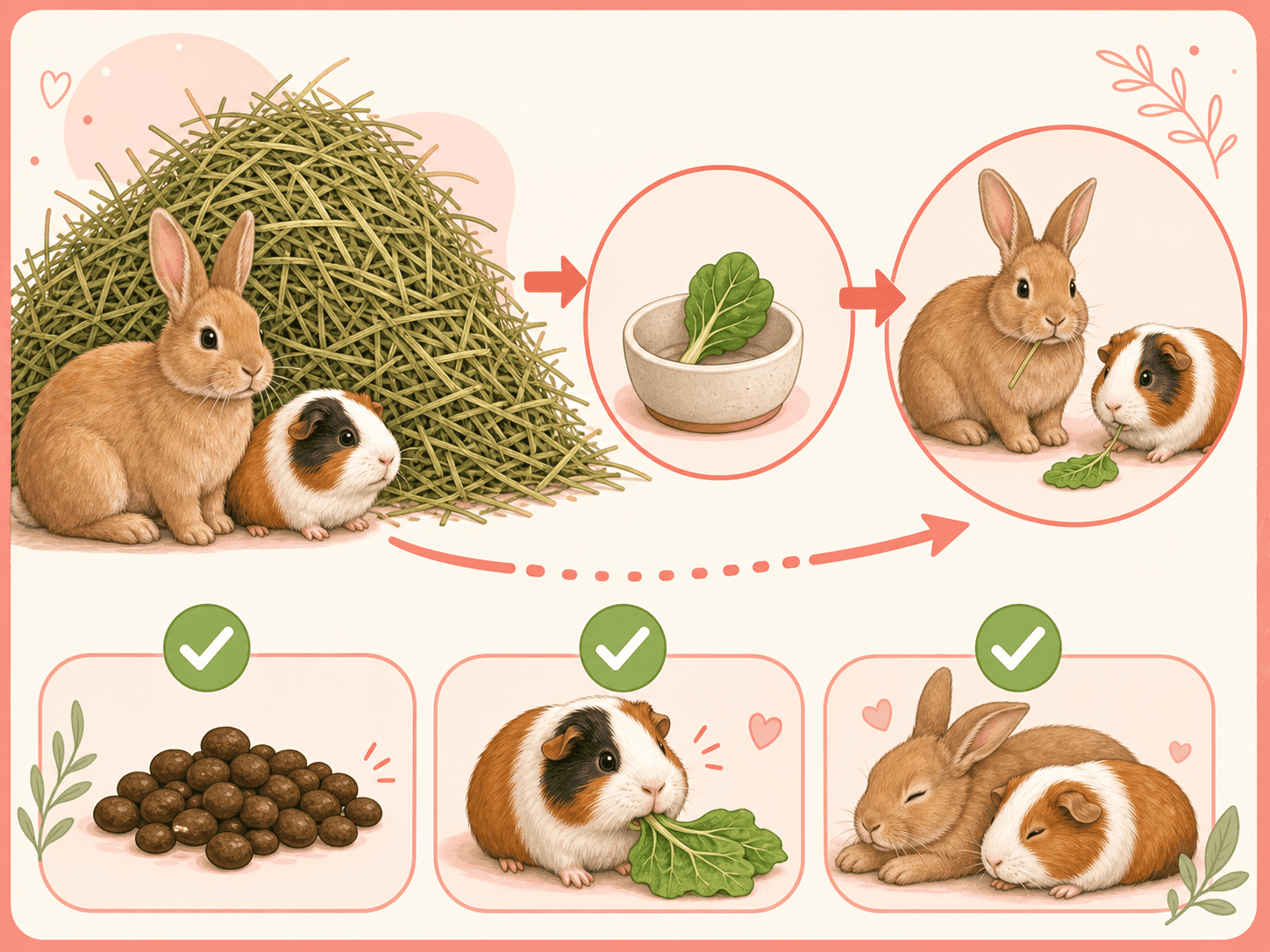 A rabbit and guinea pig are shown with hay, a small new green portion, and visual checks for stool, appetite, and behaviour.