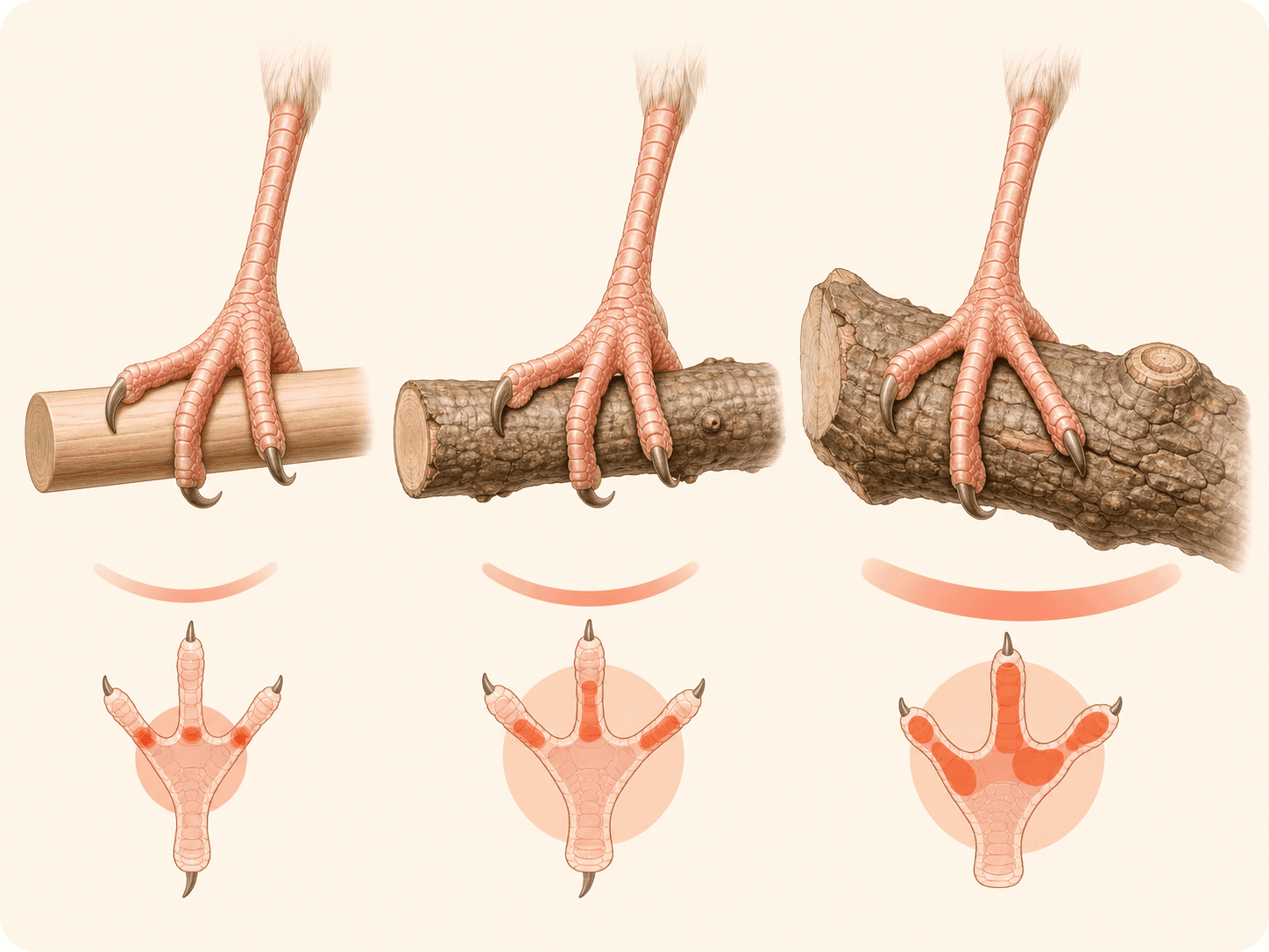 A diagram compares how a small bird foot grips different perch sizes and textures.