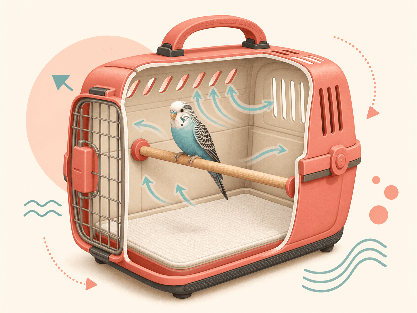 A cutaway carrier setup shows ventilation, stable footing, a clean liner, and a safe uncluttered interior for a bird.